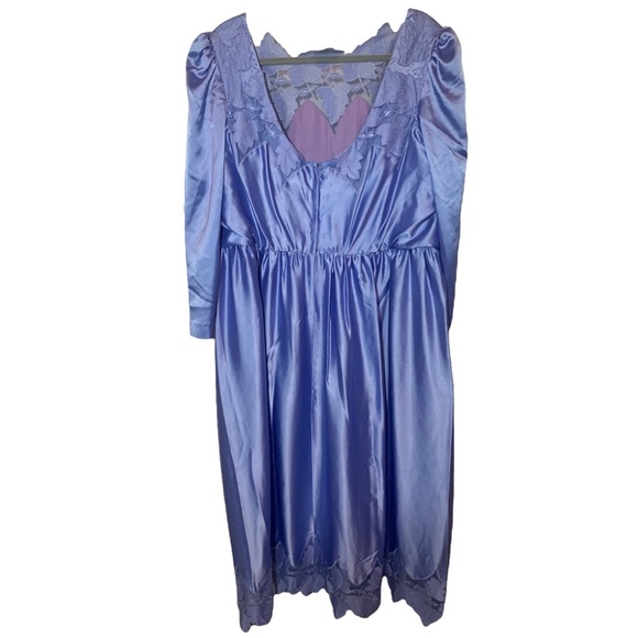 Vintage Handmade Blue Satin Long Sleeve Evening Dress - Picture 3 of 6